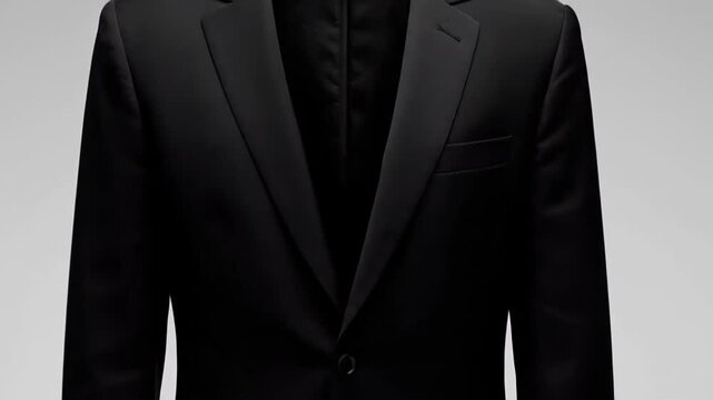 Close up of a classic black suit jacket. The camera smoothly zooms in, showcasing the intricate fabric, collar, and lapel features of the attire