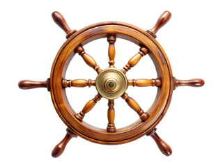 Polished Wooden Ship Steering Wheel, with Brass Center Detail, cutout, PNG isolated on white or transparent background