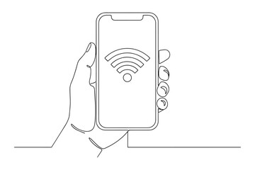 hand holding mobile phone,
Line Drawing of Hand Holding Smartphone with Wi-Fi Symbol,
Continuous Black Line Art on White Background