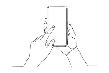 hand holding mobile phone,
Line Drawing of Hands Using Smartphone,
Continuous Line Art on White Background