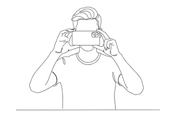 vector illustration of a photographer,
Line Drawing of Man Taking Photo with Smartphone,
Continuous Line Art on White Background