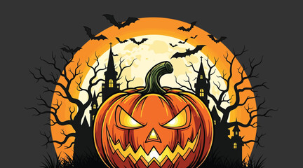 Vector art of a menacing pumpkin with glowing eyes and a sinister grin, set against a backdrop of a full moon, bats, and spooky trees, capturing the essence of halloween night