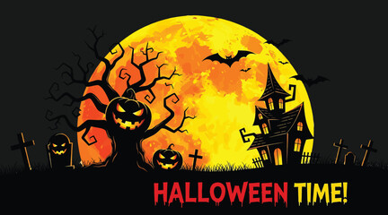 Vector art of eerie halloween night scene with haunted house, full moon, and spooky pumpkins, perfect for seasonal cards, invitations, and decorations for a fun and spooky celebration