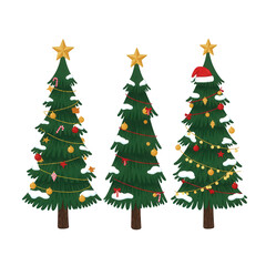 Fototapeta premium Festive Christmas trees with sparkling ornaments stars and a Santa hat on black for holiday season decor