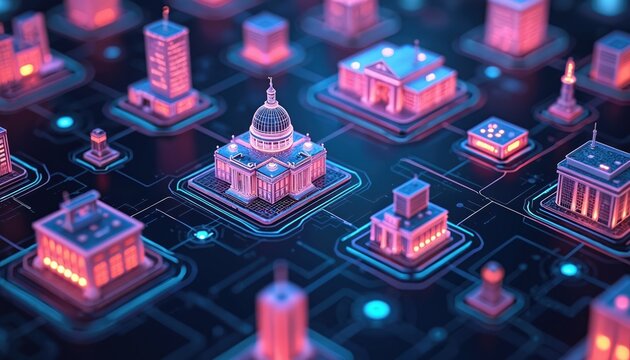 Futuristic smart city shows interconnected government buildings, public services on glowing digital circuit board network. Bright neon blue, pink lights illuminate modern tech infrastructure. Concept