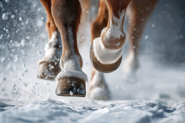 Close-up of horse hooves kicking up snow while running, detailed action shot