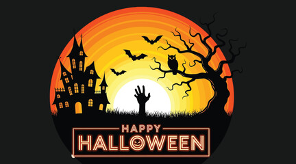 Vector art of a spooky halloween night scene with a haunted house, bats, and an owl silhouetted against an orange moon, with a zombie hand reaching up from the grave and a neon sign