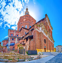 The outstanding medieval Cathedral of Pavia with the ruins of Torre Civica tower, Italy