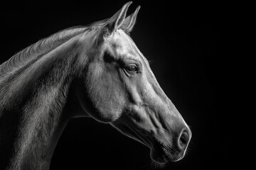 Black and white portrait of a horse with dramatic side lighting, artistic studio shot