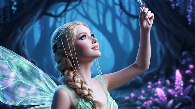 Fairy with Magic Wand in Enchanted Forest - A beautiful fairy with blonde hair and iridescent wings is depicted in a magical forest.