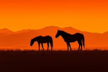 Fototapeta premium Wild horses silhouetted against a vibrant orange sunset on the horizon