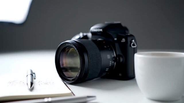 Photographic Still Life Featuring a Digital Camera Cup of Coffee Open Notebook and Pen on White Tabletop with Gray Background