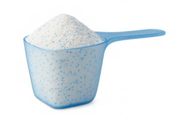 Laundry detergent powder in blue measuring scoop, preparing for washing and cleaning clothes, hygiene product on transparent background