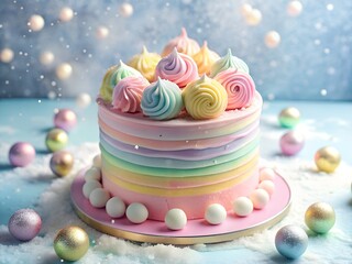Whimsical pastel rainbow layer cake decorated with meringue kisses and candy ornaments
