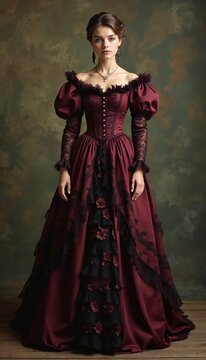 Woman in Victorian style dress poses. Female dressed in vintage red gown with lace decor. Beautiful lady in historical costume stands in studio. Vintage fashion. Historical illustration.