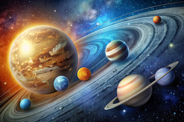Colorful planets and a glowing sun create a breathtaking view of the solar system with each celestial body vividly illustrated in a cosmic setting