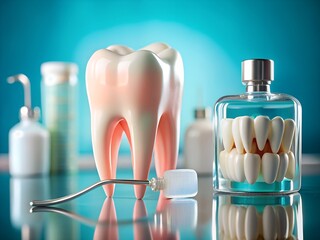 Large realistic tooth model and dental instruments on a reflective surface with blue background