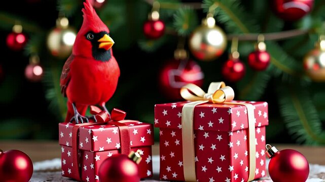 Red cardinal bird perched atop a stack of wrapped presents under a christmas tree