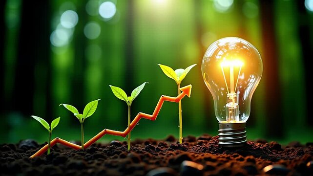 Light bulb with a growing graph and young plants growing out of it