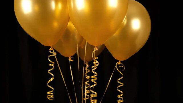 Golden Party Balloons on Black - A bunch of lustrous golden party balloons float against a black backdrop. Attached to each balloon are curled ribbons.