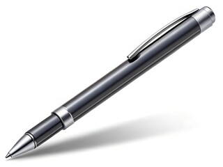 Elegant dark metallic rollerball pen with a silver clip on a white background