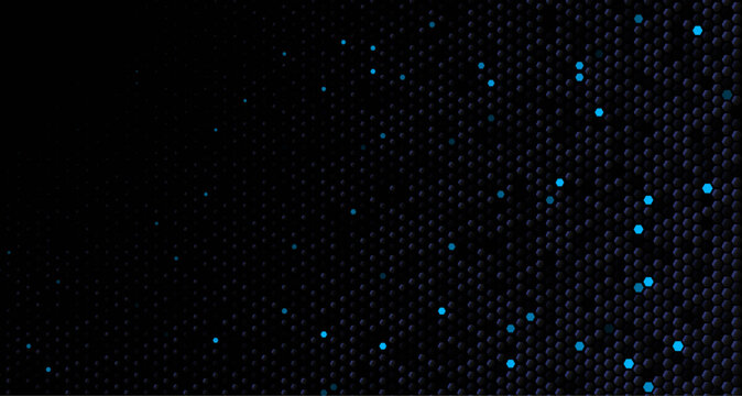 Tech cybersecurity hexagon honeycomb dark background with neon blue glowing dots, 3D depth in dashboards, fintech decks, UI, blockchain reports. Hex backgrounds for presentations. Vector backdrop