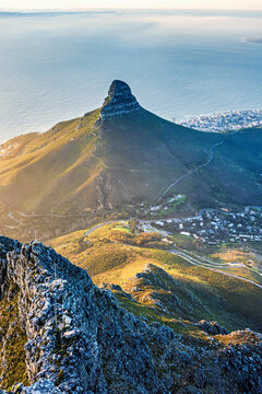 View of Lions Head mountain and city of Cape Town, South Africa, from top of table mountain