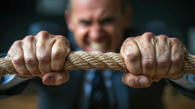 Tense man grips rope, knuckles white, face strained