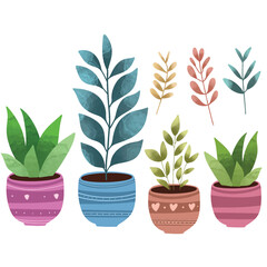 Potted plants set. Interior houseplants in planters, baskets, flowerpots. Home indoor green decor. Set collection vector illustration watercolor 