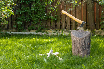 An axe on a tree stump in the garden