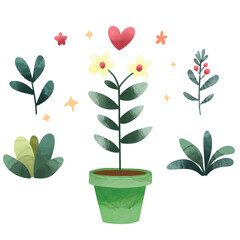 Potted plants set. Interior houseplants in planters, baskets, flowerpots. Home indoor green decor. Set collection vector illustration watercolor 