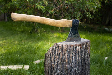 An axe on a tree stump