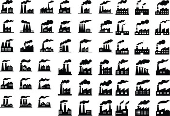 Factory with Smoke Coming Icon Set Industrial Plant Emission Vector Collection