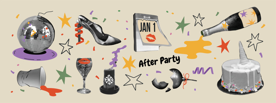 After Party halftone collage sticker set. Retro cut out elements with champagne, confetti, shoe and funny morning mood. Trendy vintage vector illustration for modern collage and pop art design.