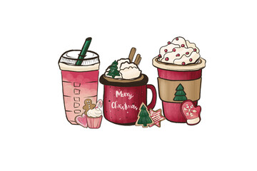 Watercolor illustration of festive winter drinks and cookies perfect for Christmas cards Sublimation Design