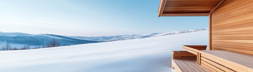 Wooden Cabin View Snowy Mountains and Blue Sky, Winter , Landscape