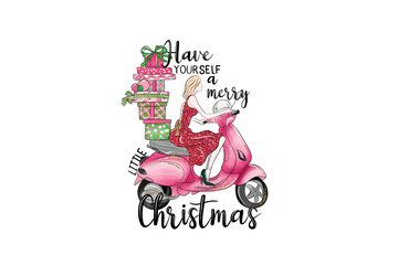 Have yourself a merry little Christmas,  girl and scooter with gifts Sublimation Design