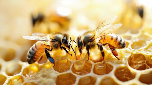 Two bees face each other atop a golden honeycomb