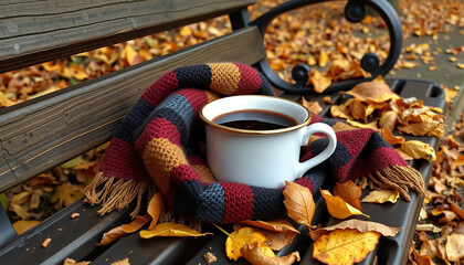Autumn landscape with warm coffee cup and cozy  wool scarf on park bench