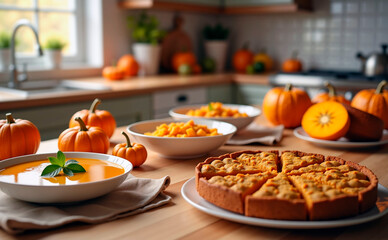 Pumpkin dishes including soup and pie on wooden kitchen table with pumpkins