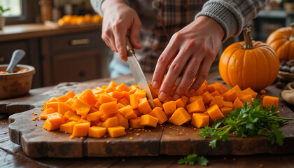 Man cutting pumpkin for home cooking on wooden table, vegetarian food.