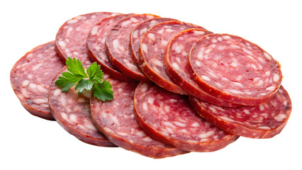 Sliced Salami, with Fresh Parsley Garnish, cutout, PNG isolated on white or transparent background