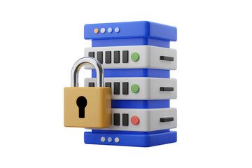 3d illustration icon of secure data storage concept with a lock and a server stack . Isolated on transparent background, png