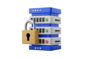3d illustration icon of secure data storage concept with a lock and a server stack . Isolated on transparent background, png