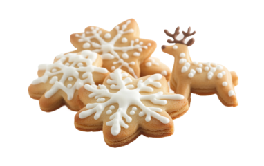 Creative dessert arrangement featuring reindeer and snowflake cookies for festive kitchen themes isolated on transparent background PNG