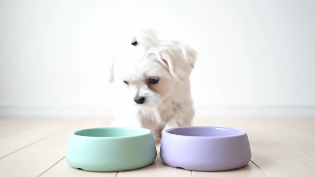 Cute white maltese puppy standing between a green and purple bowl, trying to choose which one to eat from in a well lit room with a white backdrop
