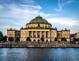 Fototapeta premium Ornate historical structure with a large dome, pillars, and detailed facade, viewed across a body of water under a blue sky