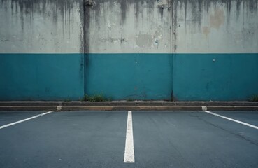 Empty asphalt parking lot with painted white lines and a weathered teal and grey wall behind. This urban scene shows a paved area for vehicles on a street.