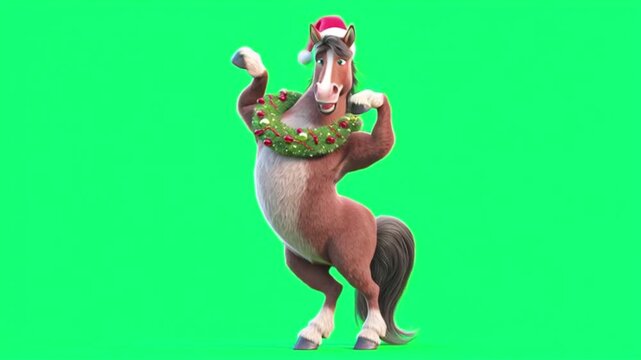 A festive cartoon horse wearing a santa hat and a christmas wreath around its neck dances on a green background with a festive glow