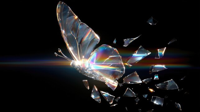 Innovation and Change symbolized by a futuristic shattered glass butterfly with iridescent holographic wings, representing business transformation and growth.